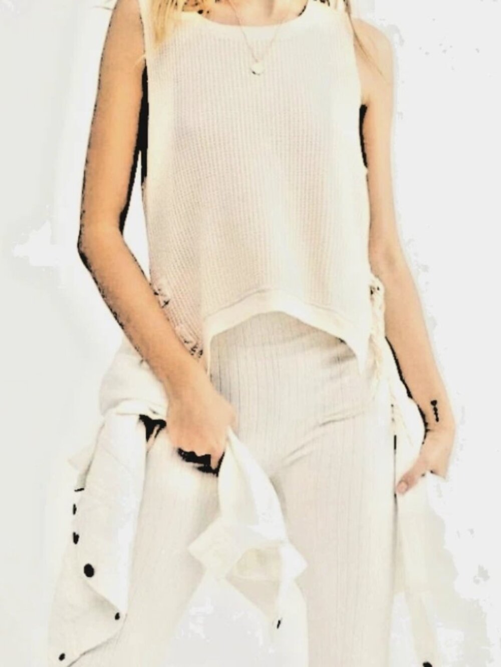 Free People FP One Interlaken Thermal Waffle White Dropped Armholes Top New S